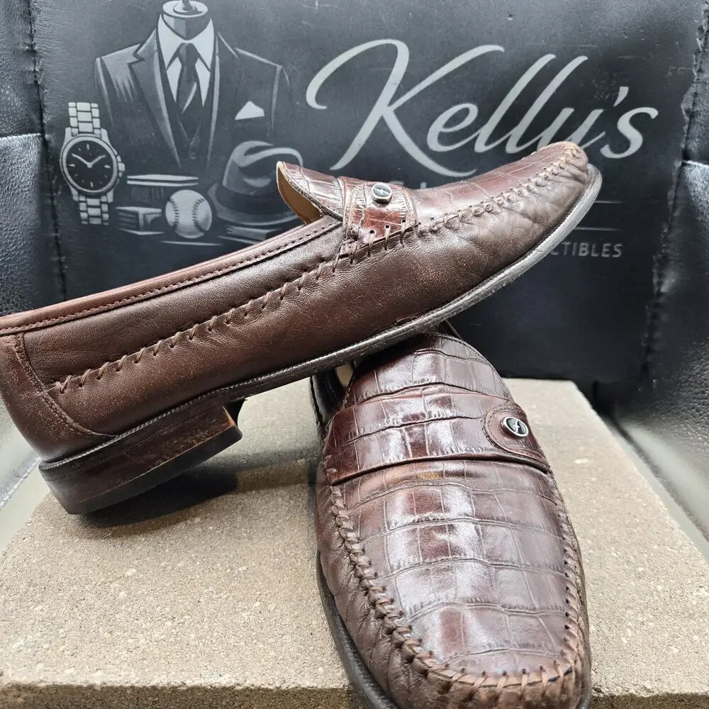 Florsheim Mens 10 D Brown Crocodile Print Leather Penny Loafers Slip On Shoes...